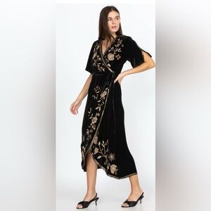 Johnny Was Ally Velvet Black and Gold Floral Embroidered Dress NWOT